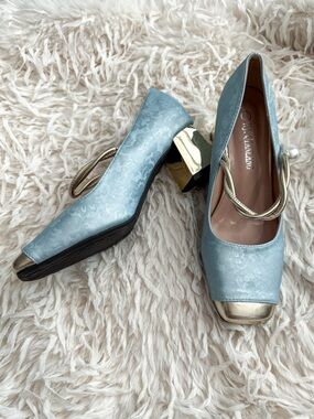 Blue Mary Jane Heels Gold Toe Coquette Cottagecore Block Heel 6.5 7